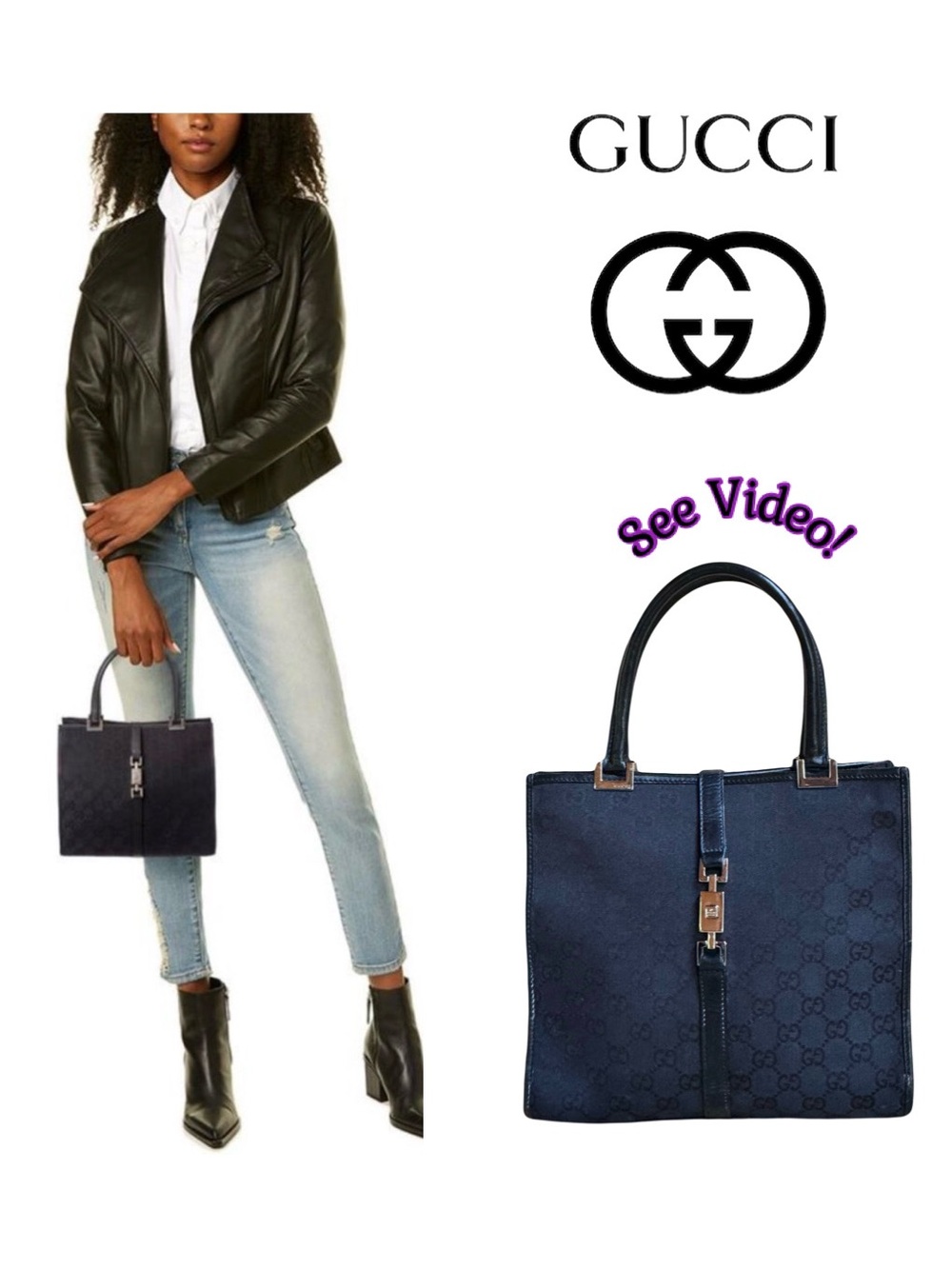 Rare! Vintage Gucci GG Jackie Tote Canvas Leather w/COA EUC